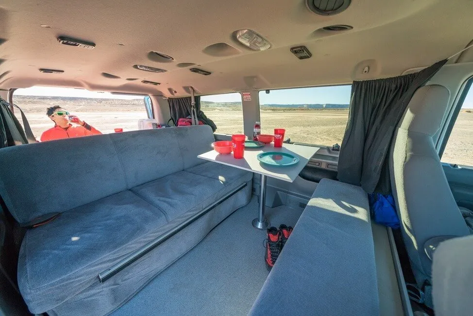 Campervan interior table and seating area