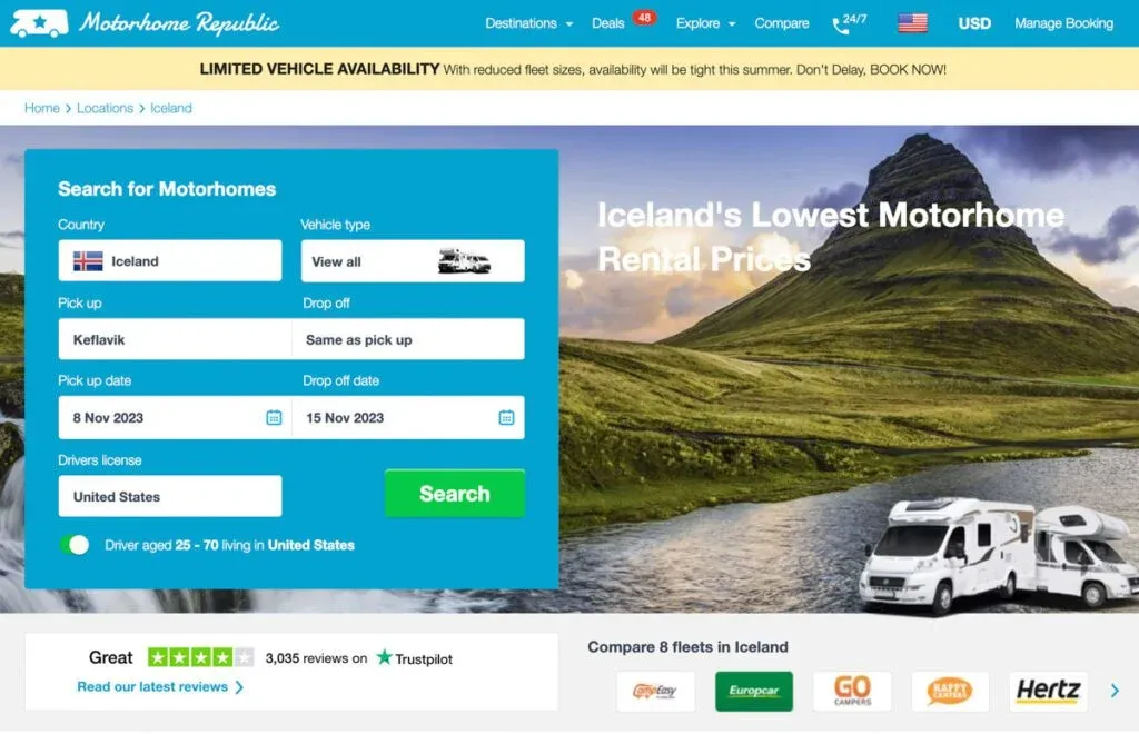 Motorhome Republic booking page showing Iceland rental options