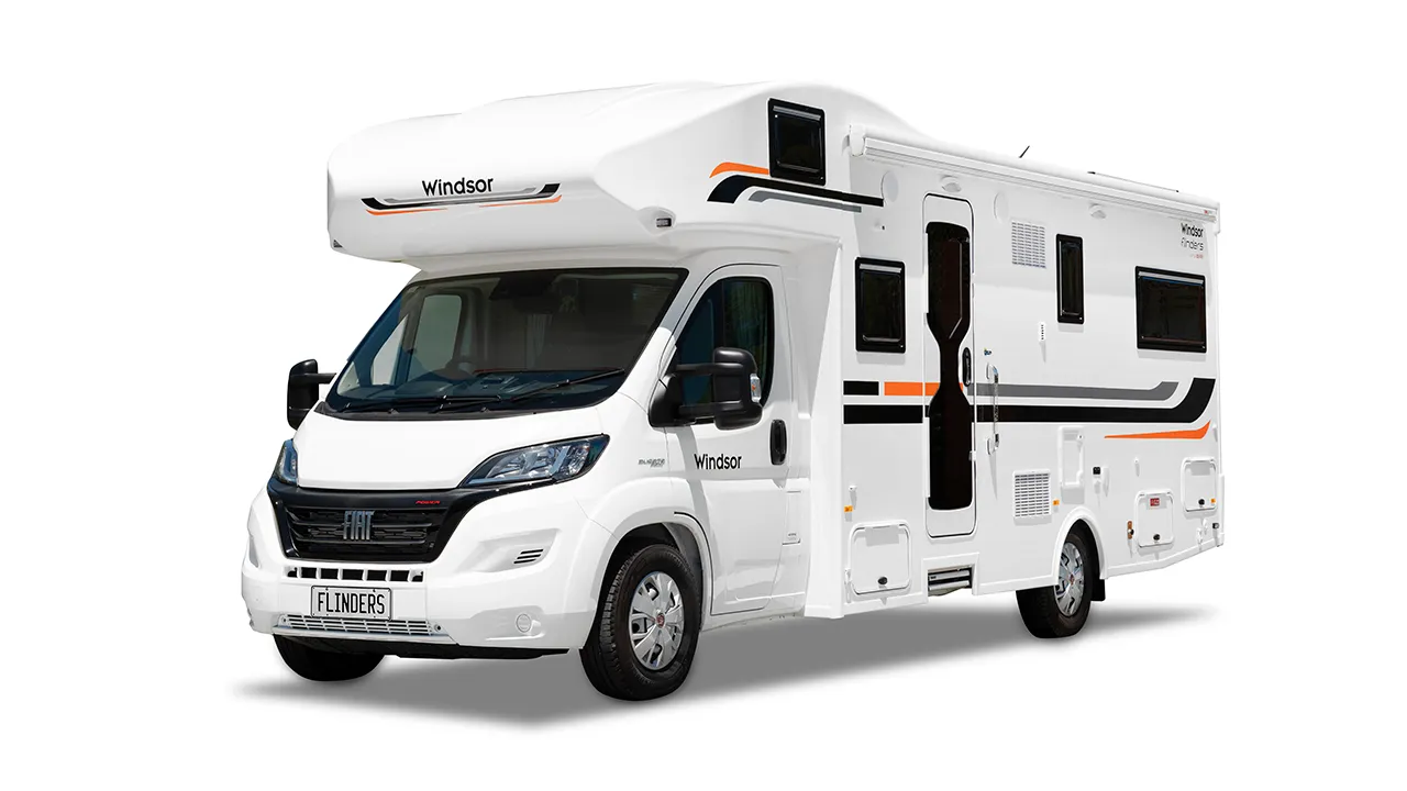 White motorhome with cab-over design, typical of Australian rental fleets