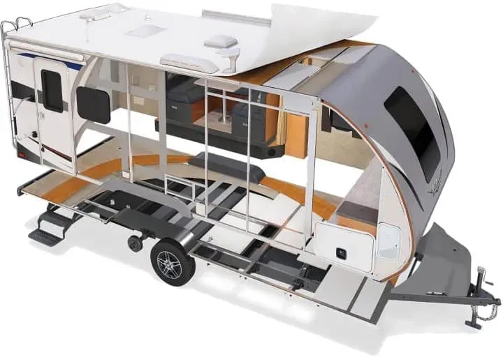 Travel trailer cutaway showing interior layout and sleeping areas